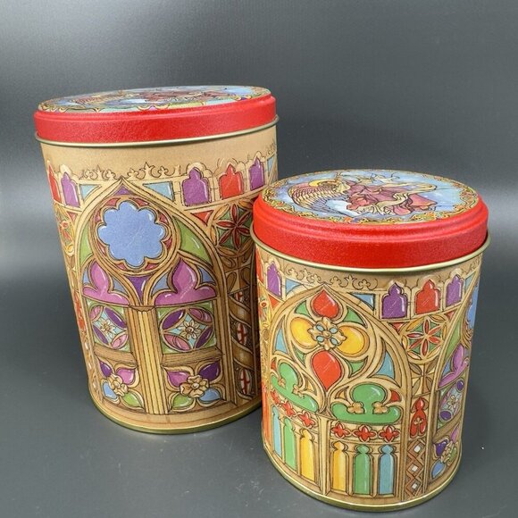 CAFFCO Tin Canister Container Storage Church Angel Dove Pattern Stacking Set 2 - Picture 15 of 15